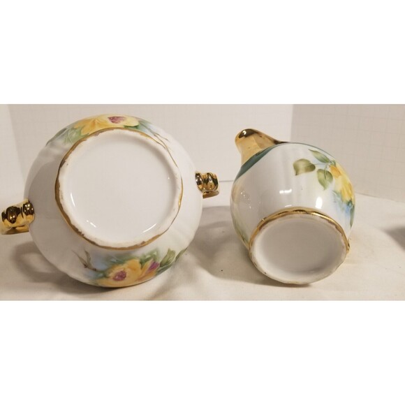 Vintage Porcelain Yellow Rose Creamer & Sugar Bowl Gold Trim - Picture 5 of 6